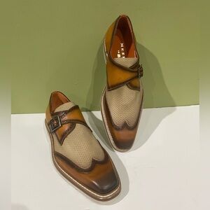 Mezlan shoes wing tip monk strap leather calf camel/bone 8